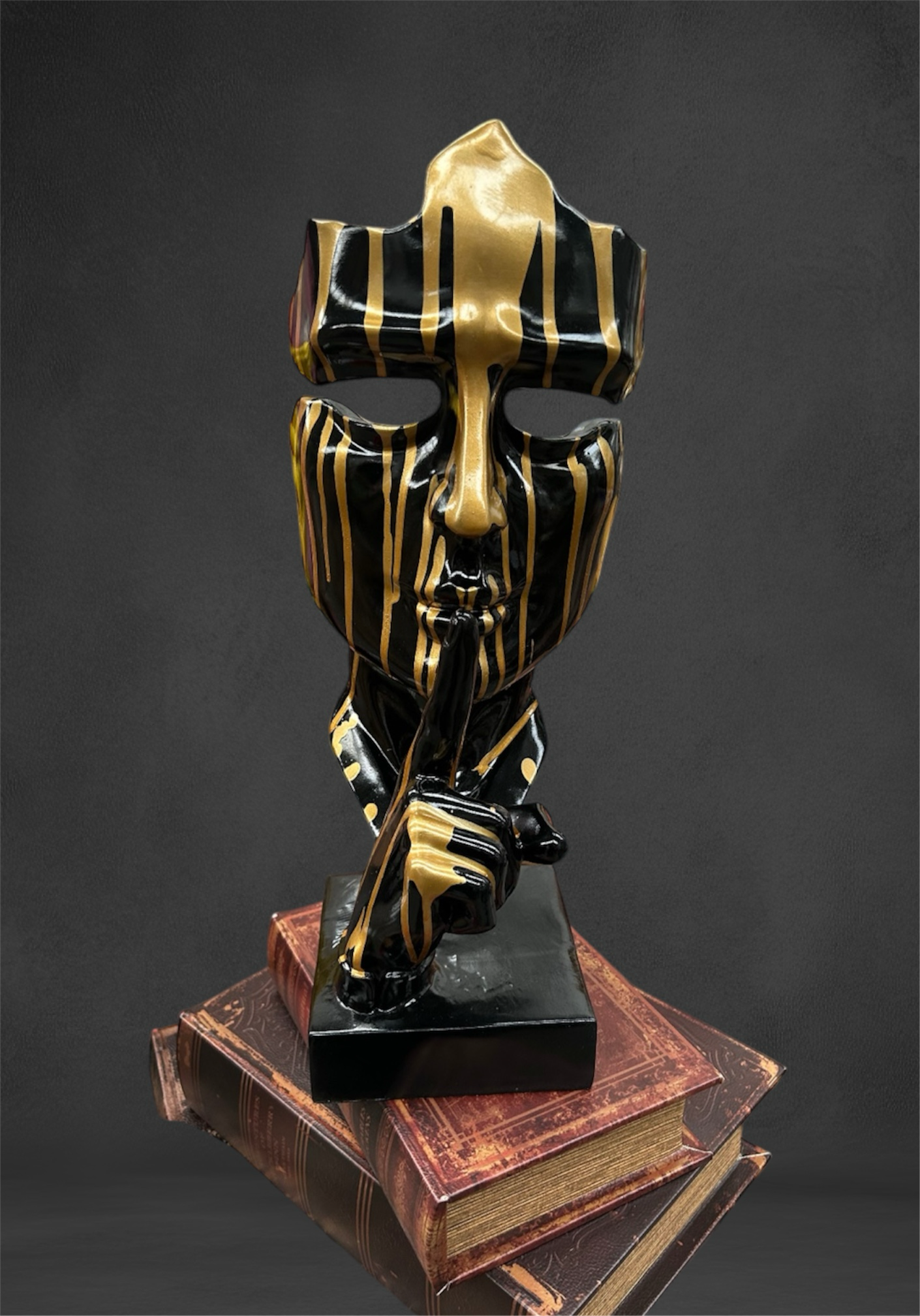Stunning Black and Gold Splashed Painted Face Sculpture – Contemporary Artistic Decor