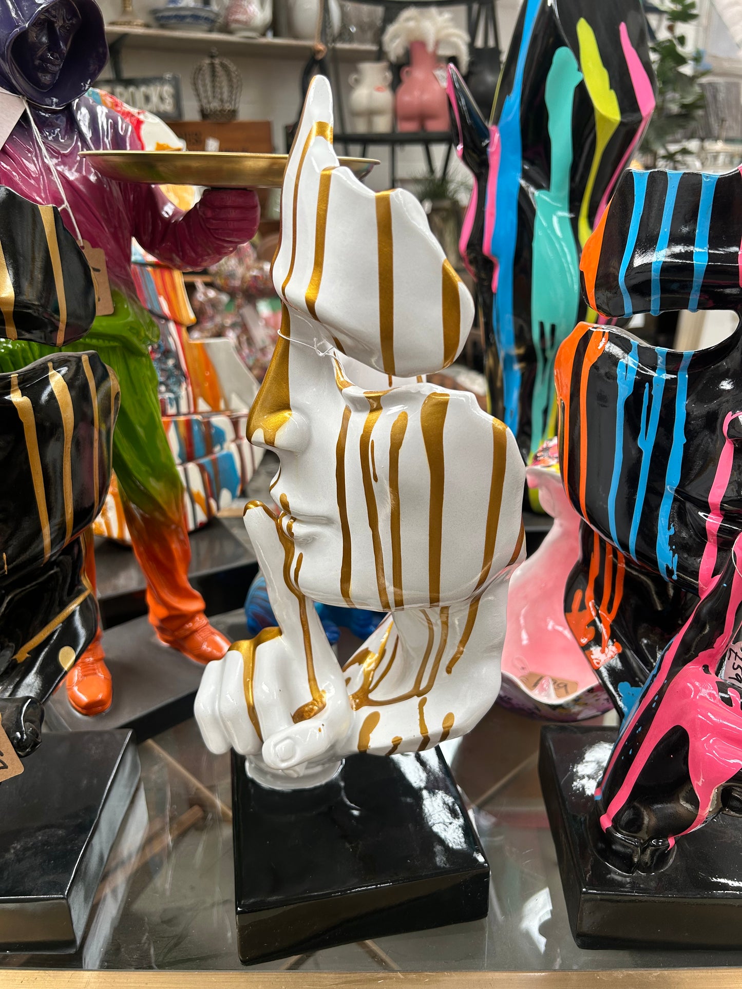 Stunning White and Gold Splashed Painted Face Sculpture – Contemporary Artistic Decor