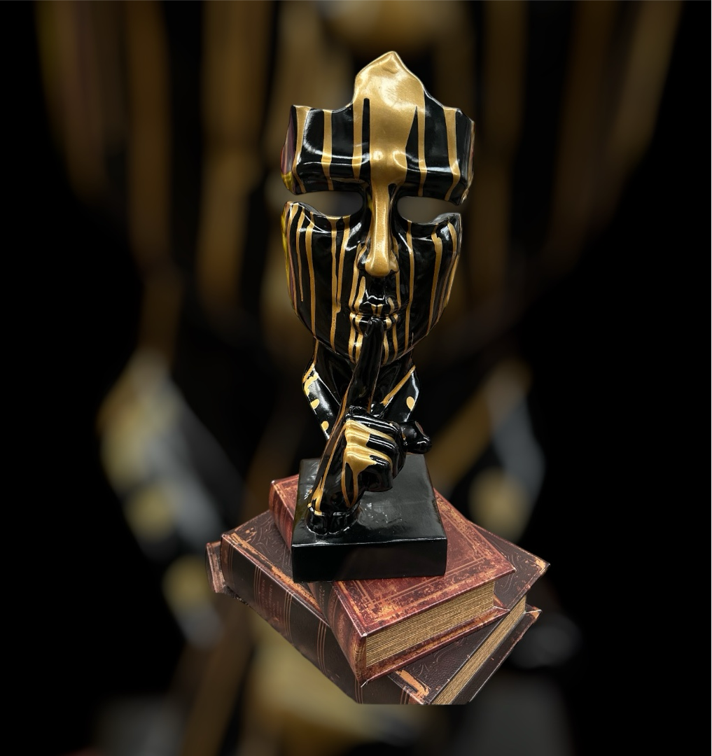 Stunning Black and Gold Splashed Painted Face Sculpture – Contemporary Artistic Decor