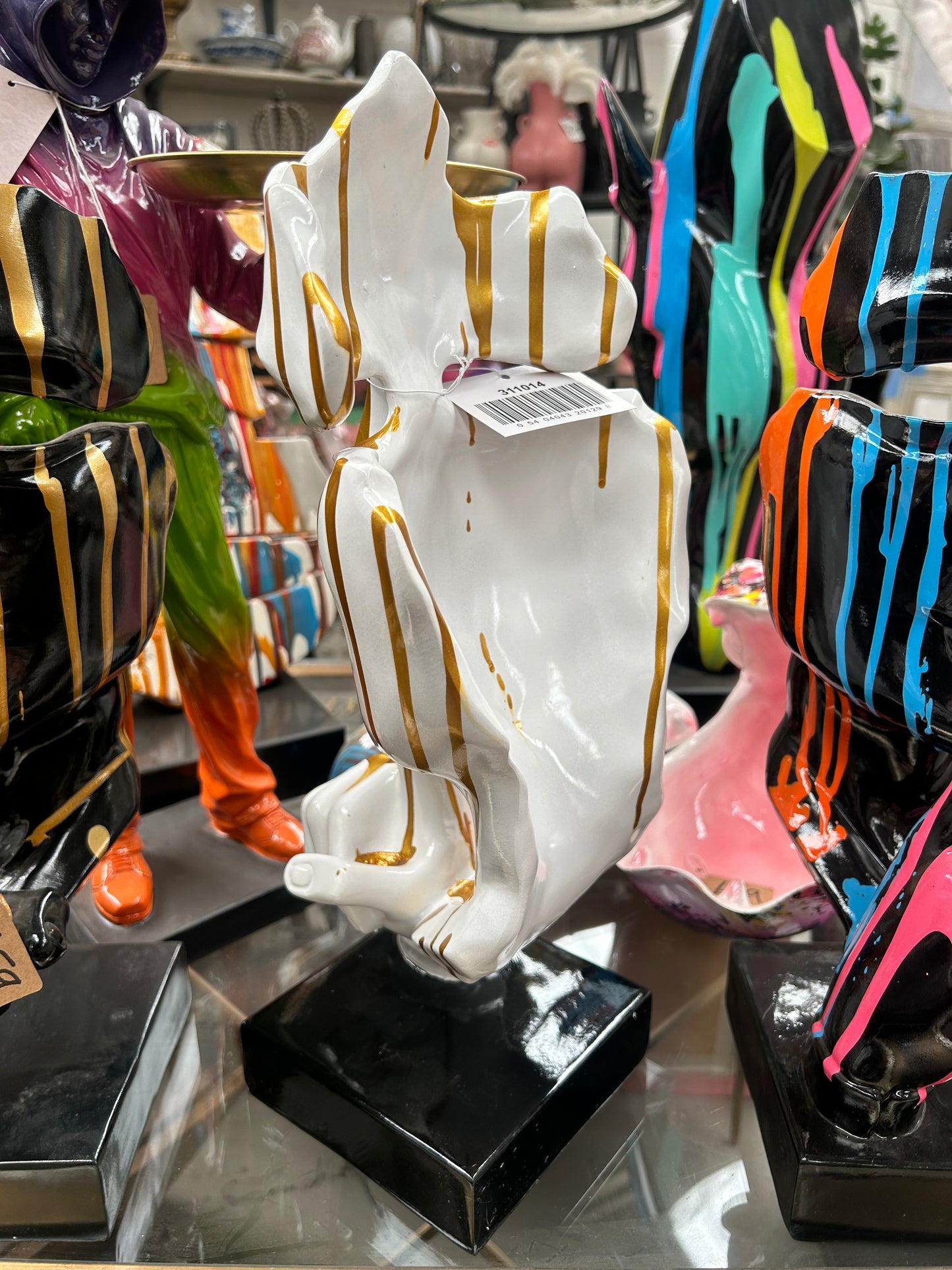 Stunning White and Gold Splashed Painted Face Sculpture – Contemporary Artistic Decor