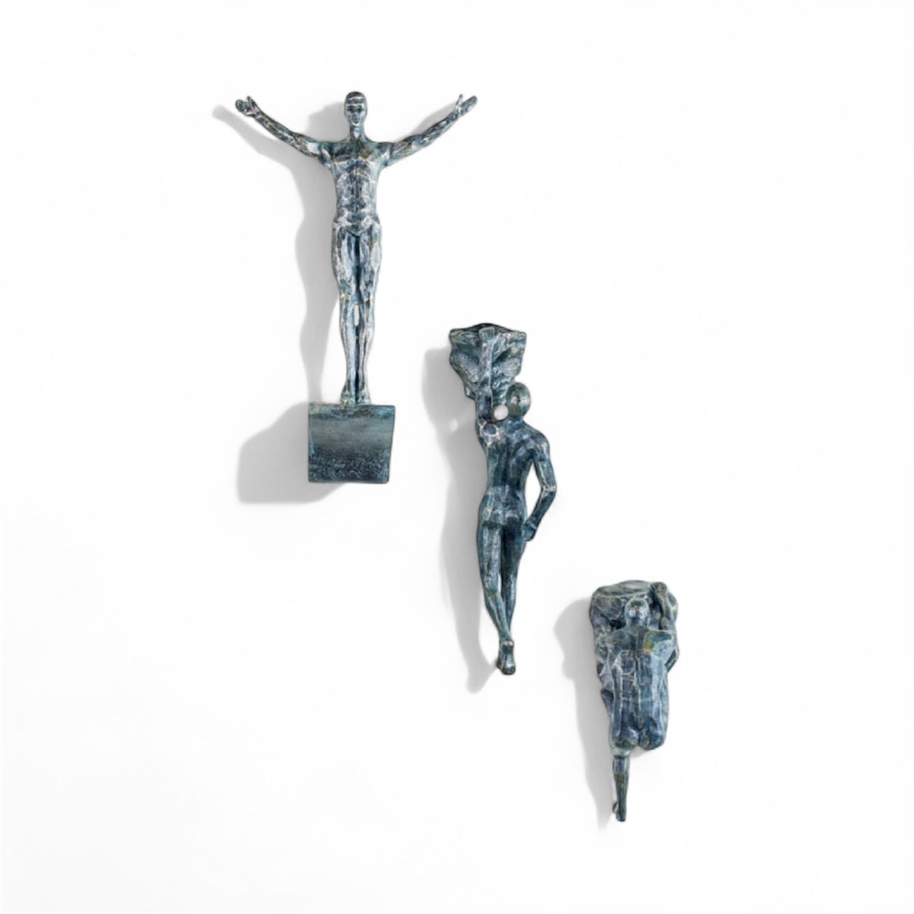 Set of 3 Antique Grey Rock Climbing Men Figures | Bold Wall Sculpture Trio
