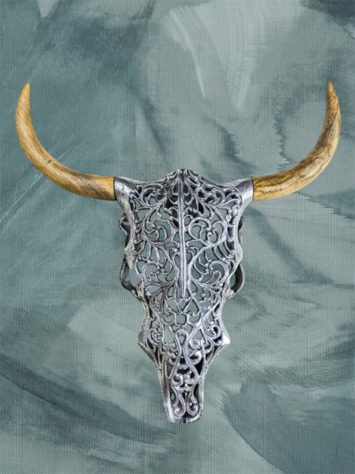 Silver Bison Skull Wall Mount - Antique Aluminium and Wood Tribal Decor