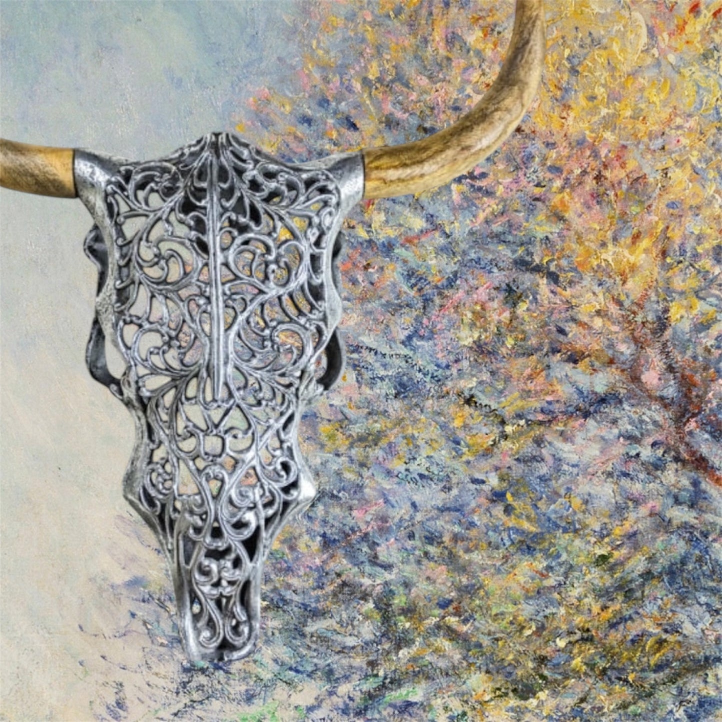 Silver Bison Skull Wall Mount - Antique Aluminium and Wood Tribal Decor