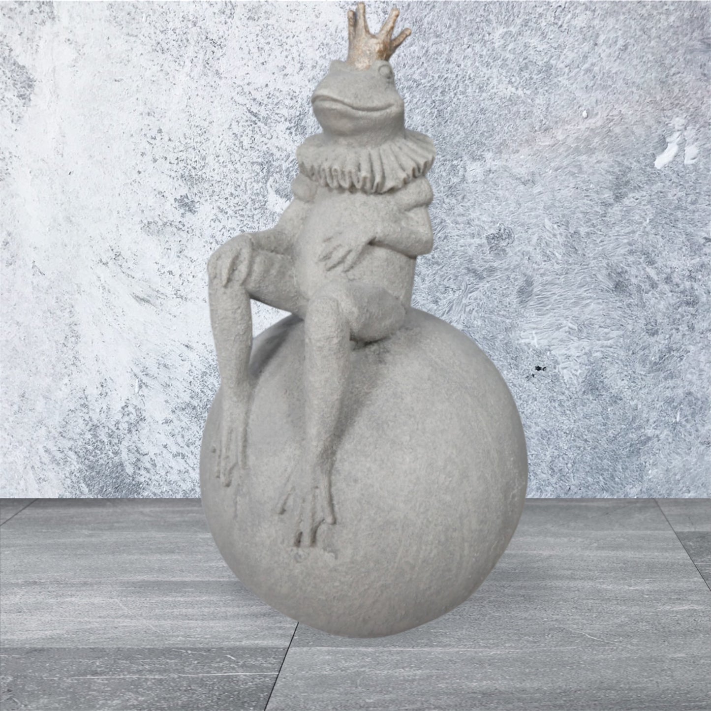 King Frog on Ball Sculpture - Resin Frog with Concrete Look