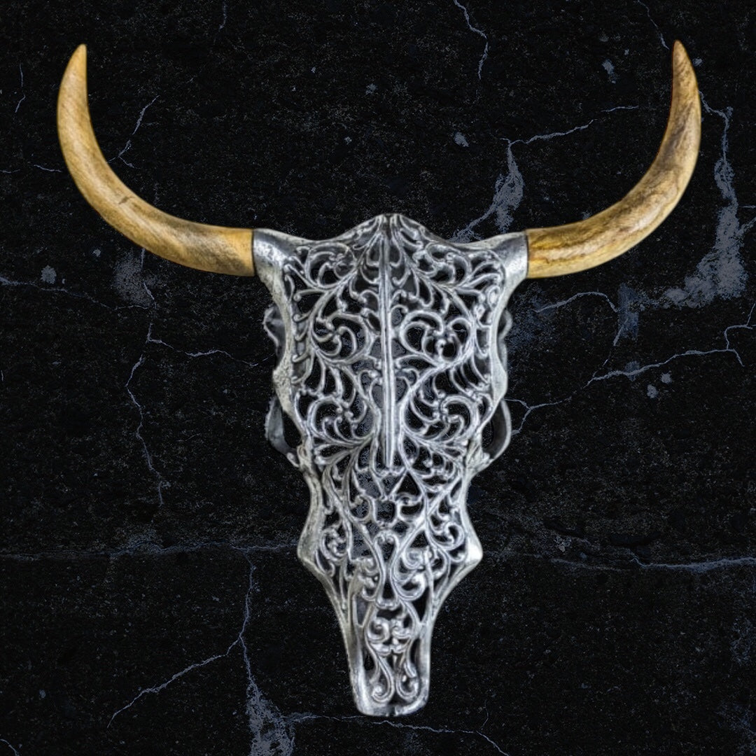 Silver Bison Skull Wall Mount - Antique Aluminium and Wood Tribal Decor