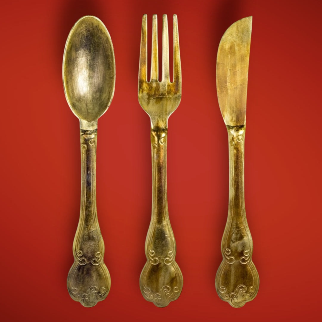 Huge Brass Knife, Fork, and Spoon Wall Art Set – Elegant Culinary Wall Decor