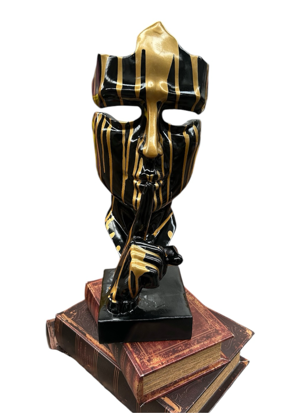 Stunning Black and Gold Splashed Painted Face Sculpture – Contemporary Artistic Decor