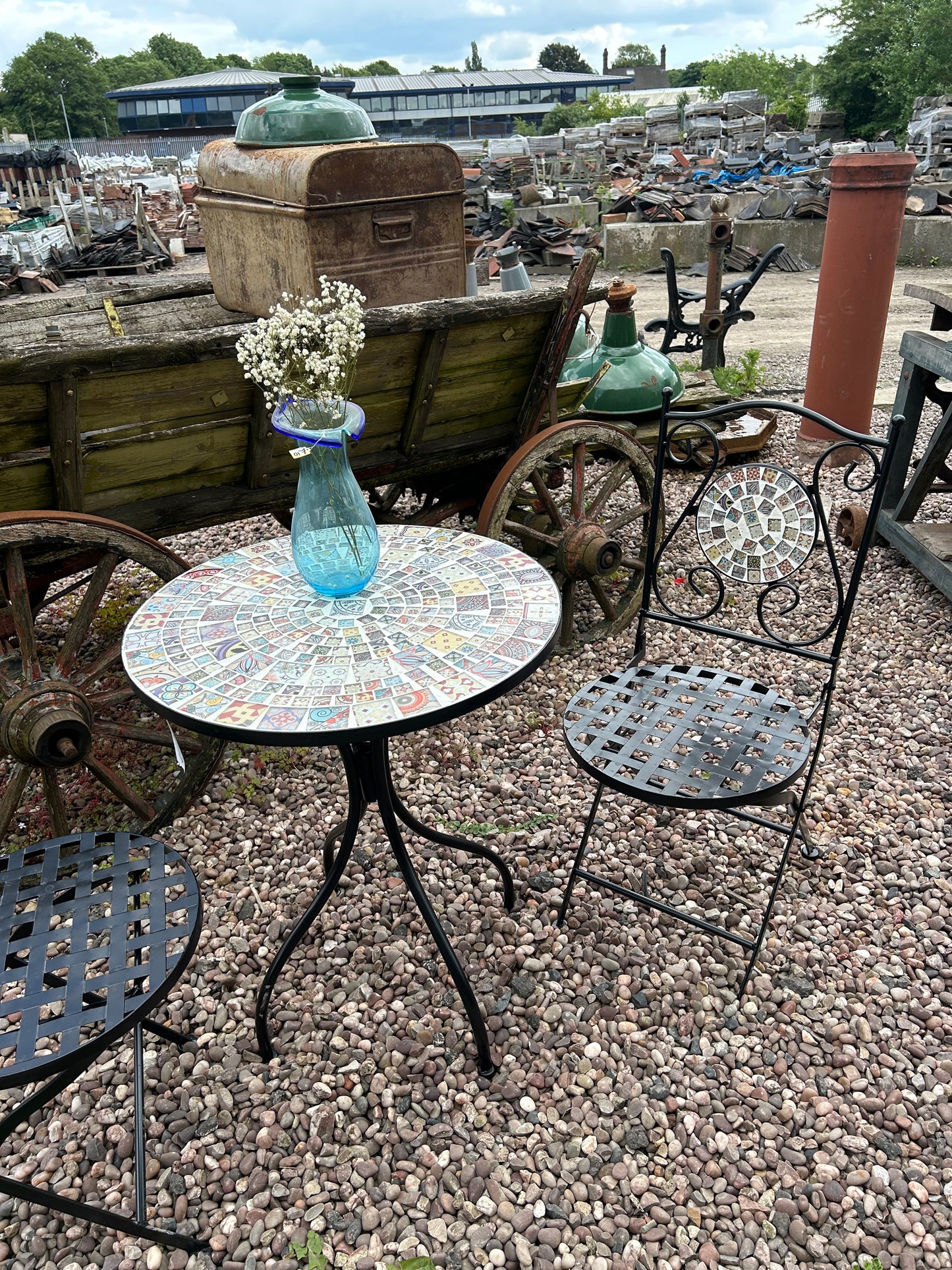 Mosaic Table and Two Chairs Set - Wrought Iron and Coloured Glass Tiles for Outdoor Elegance | Sign of the times Stoke