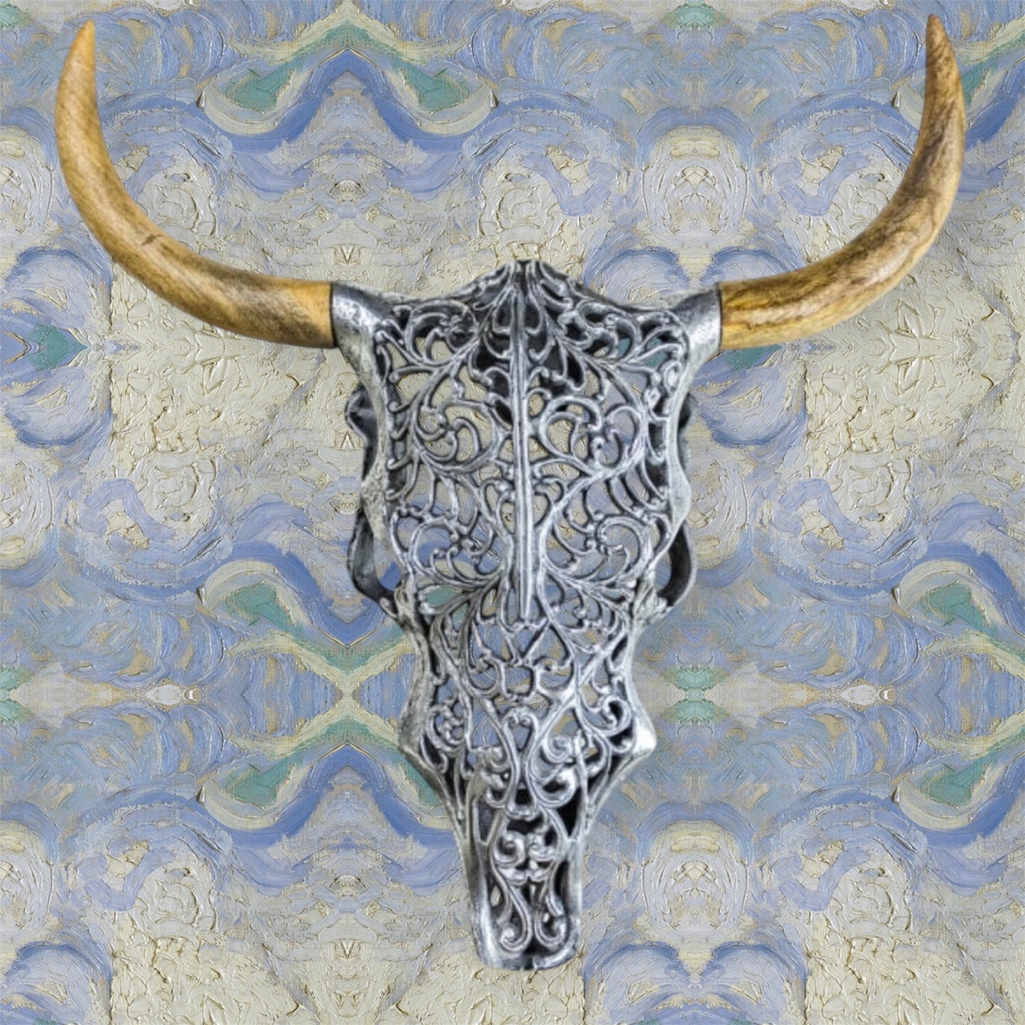Silver Bison Skull Wall Mount - Antique Aluminium and Wood Tribal Decor