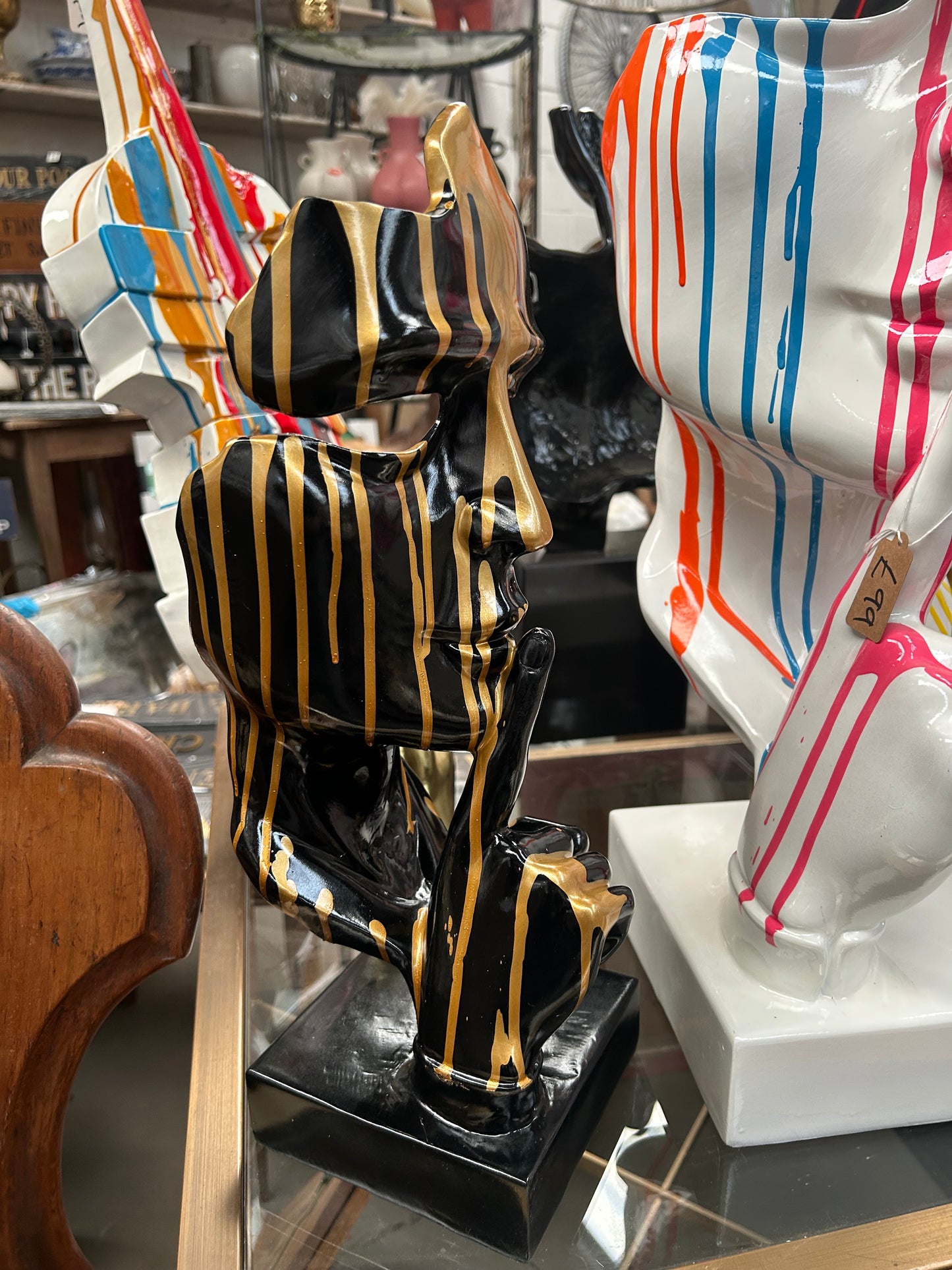 Stunning Black and Gold Splashed Painted Face Sculpture – Contemporary Artistic Decor