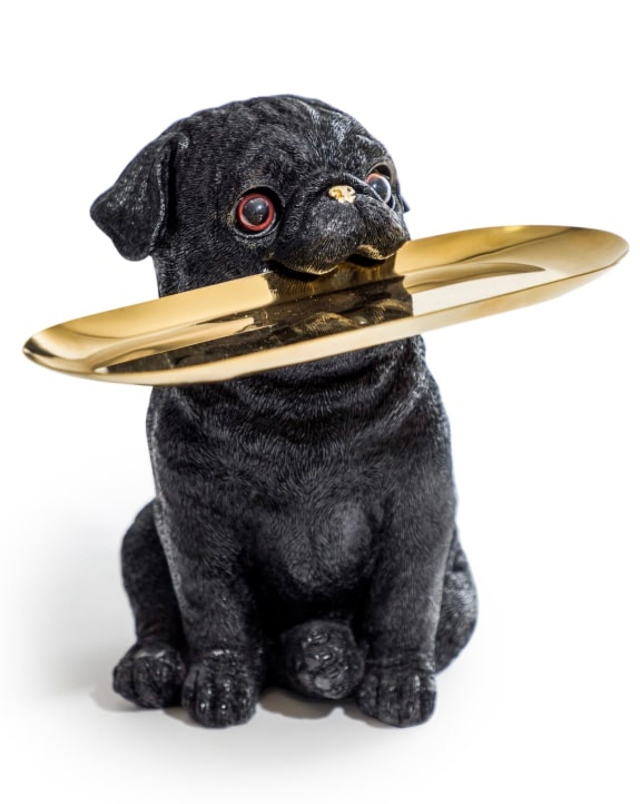 Black Pug Dog Holding Gold Tray - Charming Resin Figurine