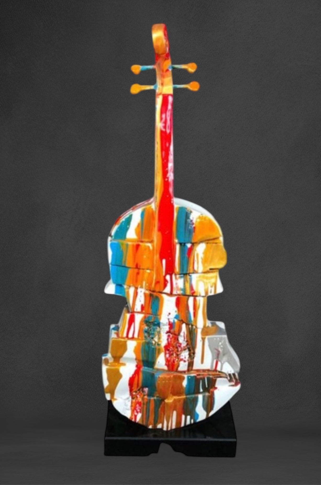 Splash Painted Violin Sculpture – Rotating Resin Art on Black Marble Base