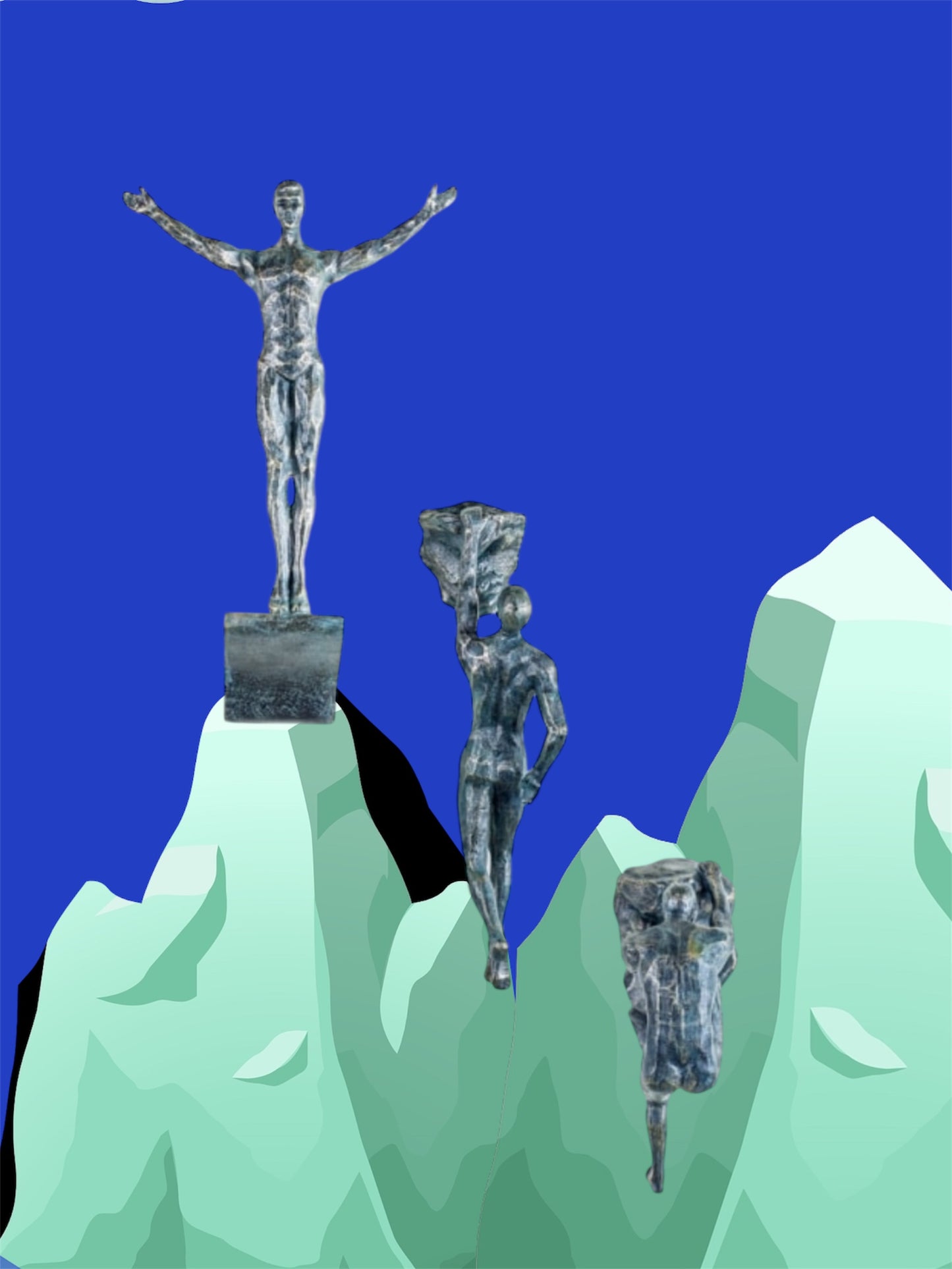 Set of 3 Antique Bronze Rock Climbing Men Figures | Bold Wall Sculpture Trio