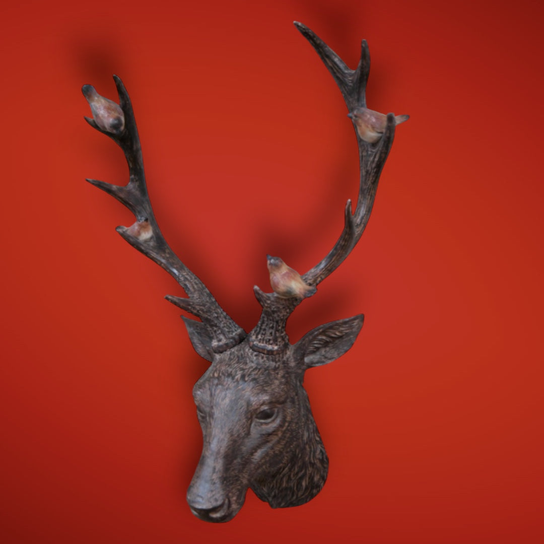 Rustic Brown Stag Head with Robins – Resin Wall Decor