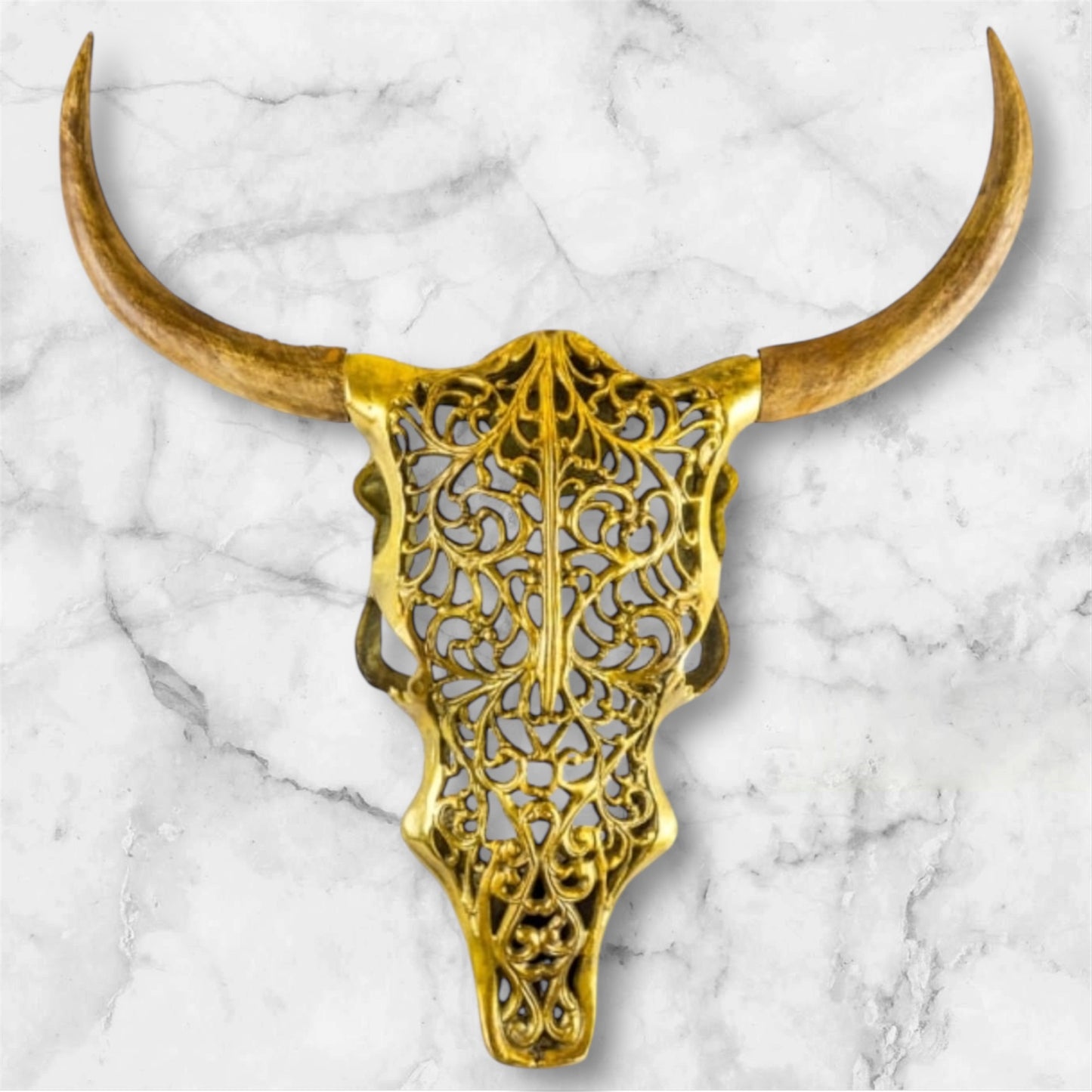 Gold Bison Skull Wall Mount - Antique Aluminium and Wood Tribal Decor