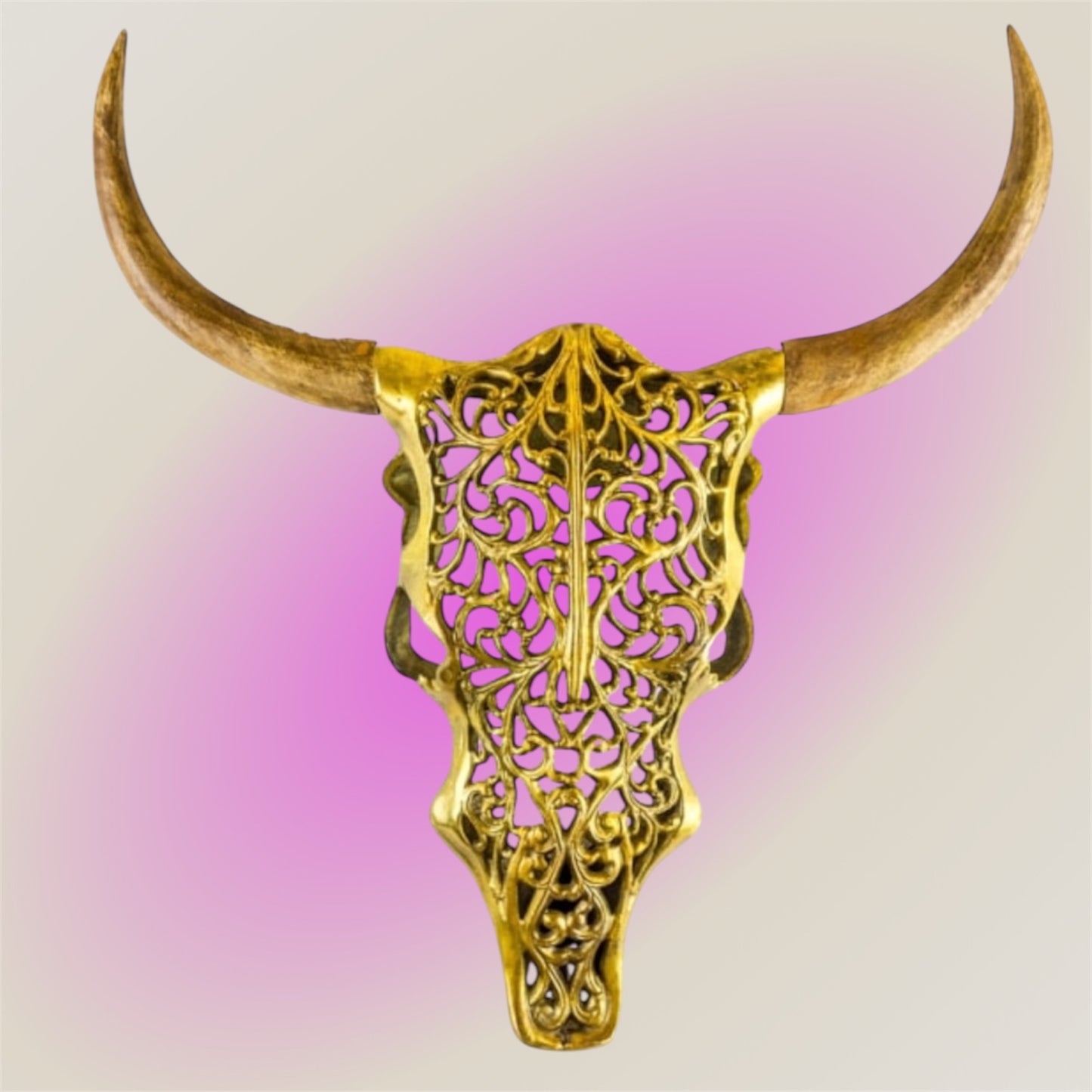 Gold Bison Skull Wall Mount - Antique Aluminium and Wood Tribal Decor
