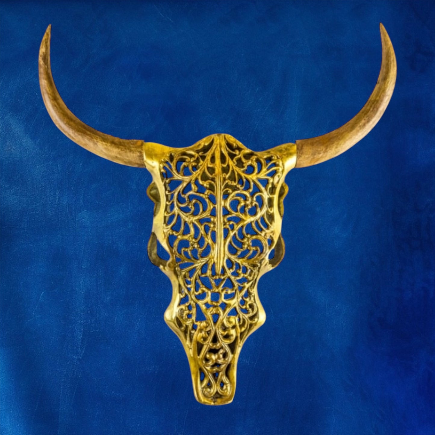 Gold Bison Skull Wall Mount - Antique Aluminium and Wood Tribal Decor