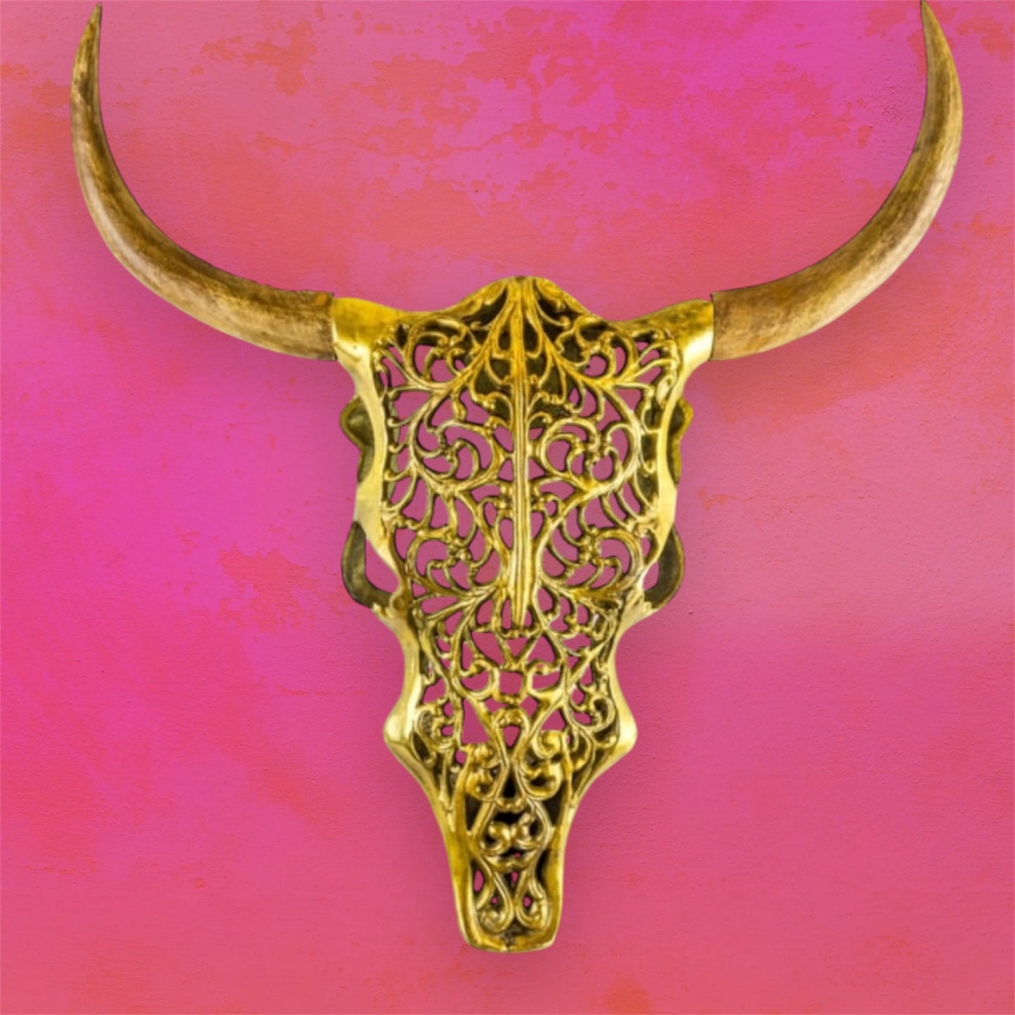 Gold Bison Skull Wall Mount - Antique Aluminium and Wood Tribal Decor