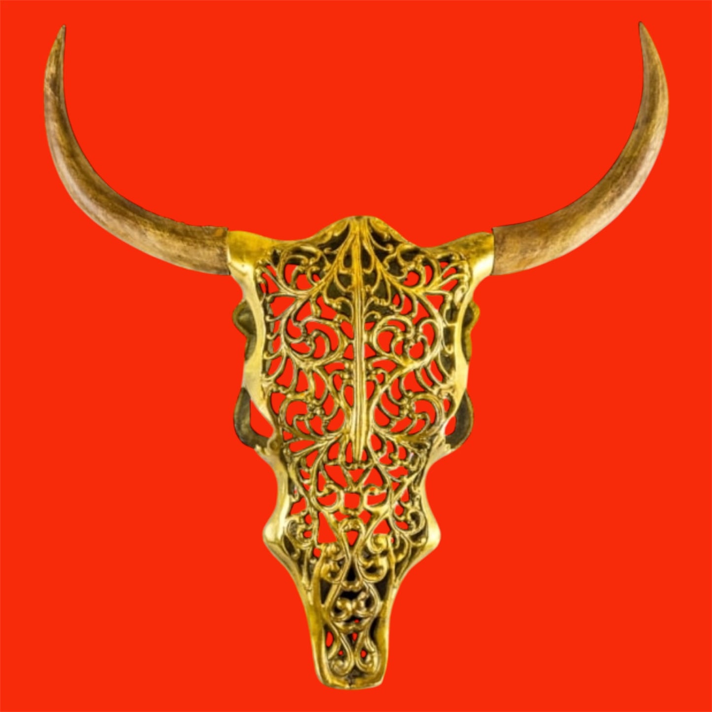 Gold Bison Skull Wall Mount - Antique Aluminium and Wood Tribal Decor