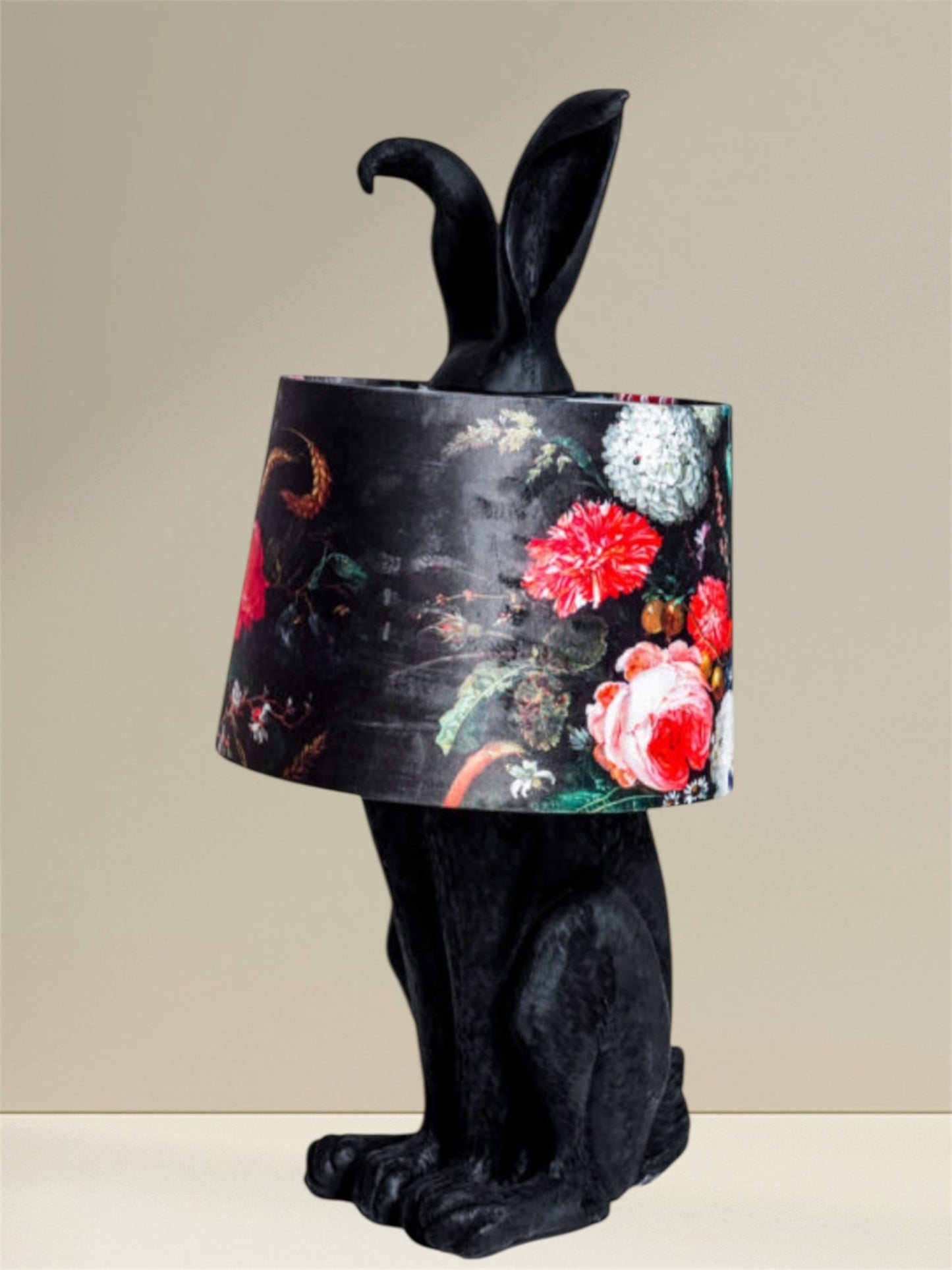 Matt Black Rabbit Ears Lamp with Boho Floral Shade – Unique Decorative Lighting