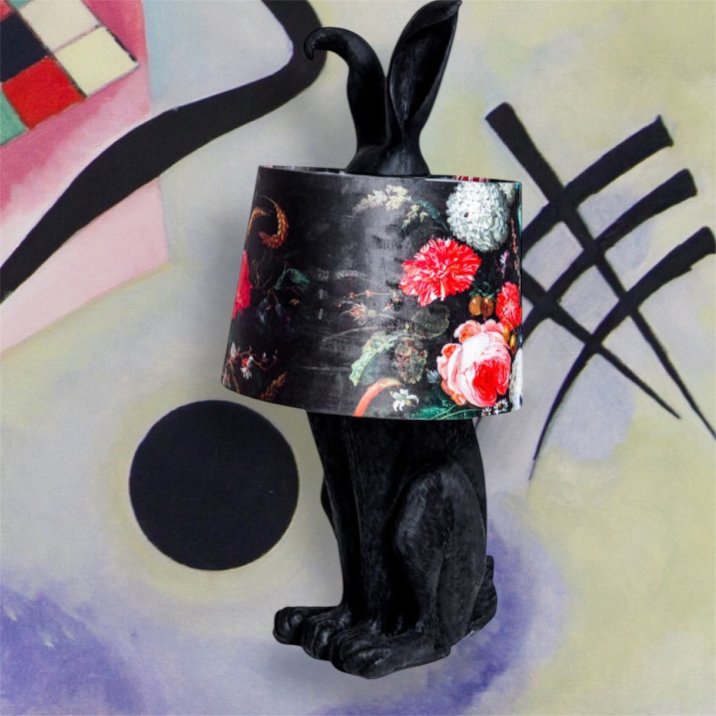Matt Black Rabbit Ears Lamp with Boho Floral Shade – Unique Decorative Lighting