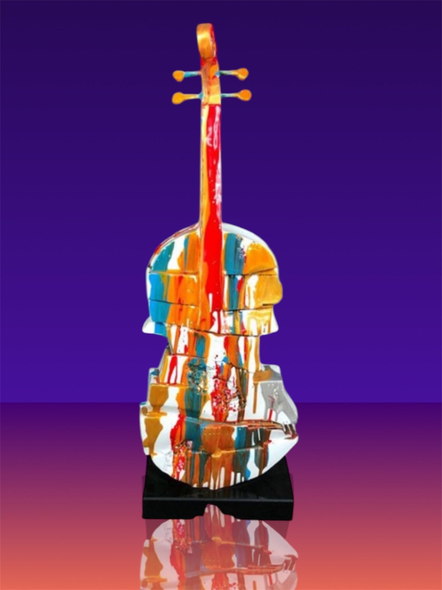 Splash Painted Violin Sculpture – Rotating Resin Art on Black Marble Base