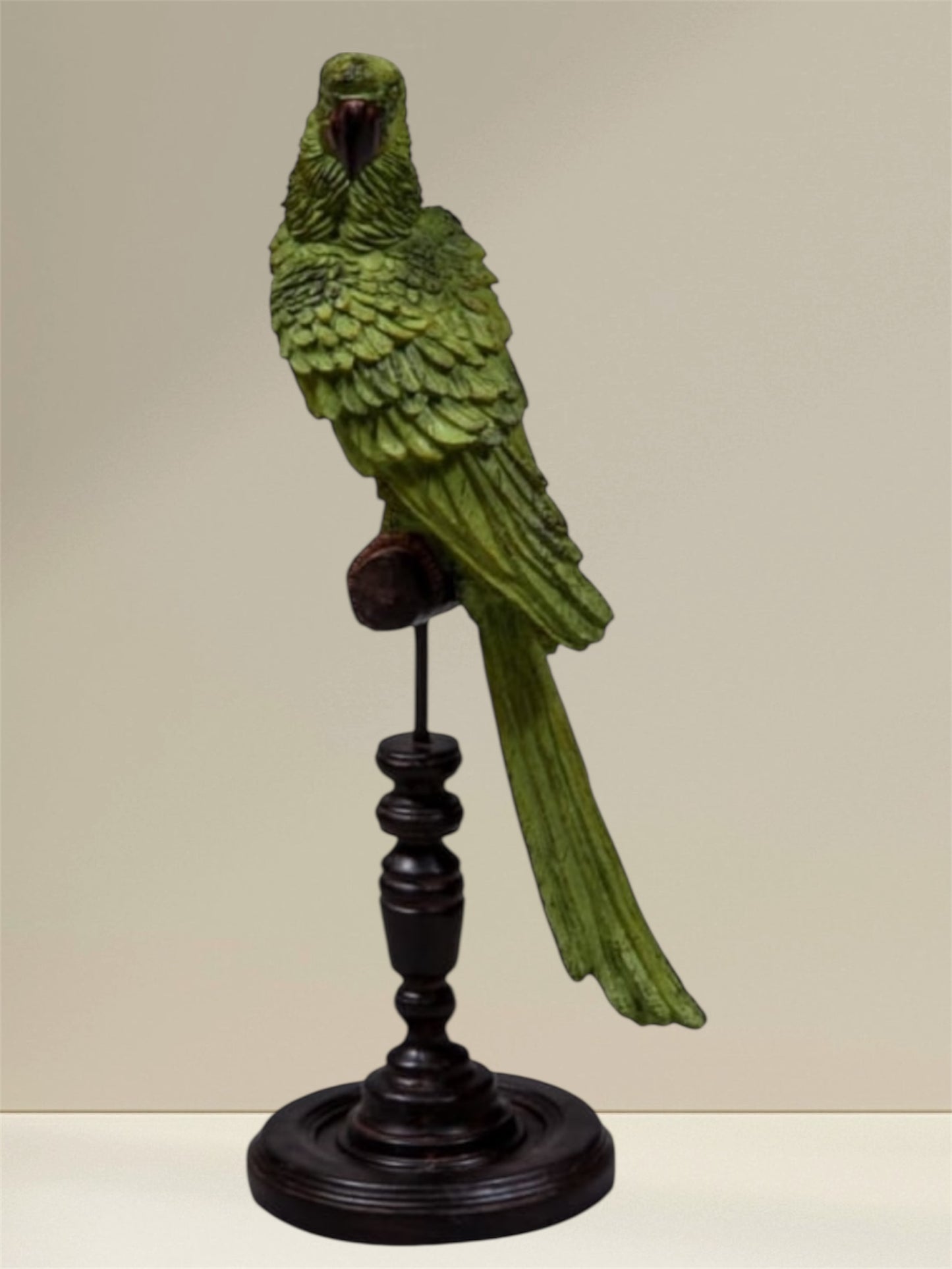 Green Parrot on Perch Figure – Exotic Tropical Bird Decor