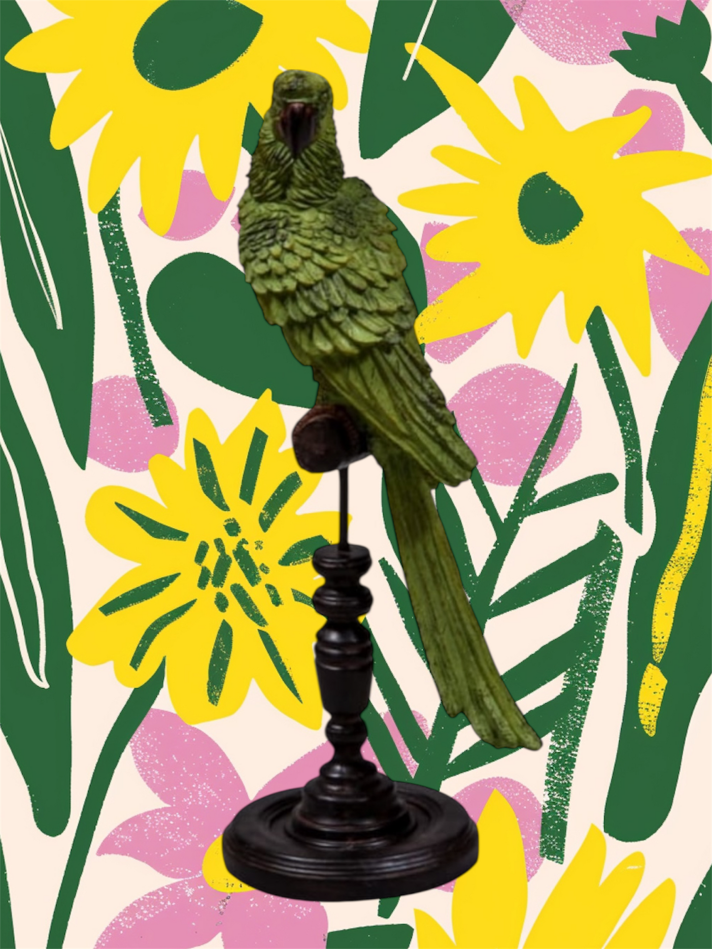 Green Parrot on Perch Figure – Exotic Tropical Bird Decor