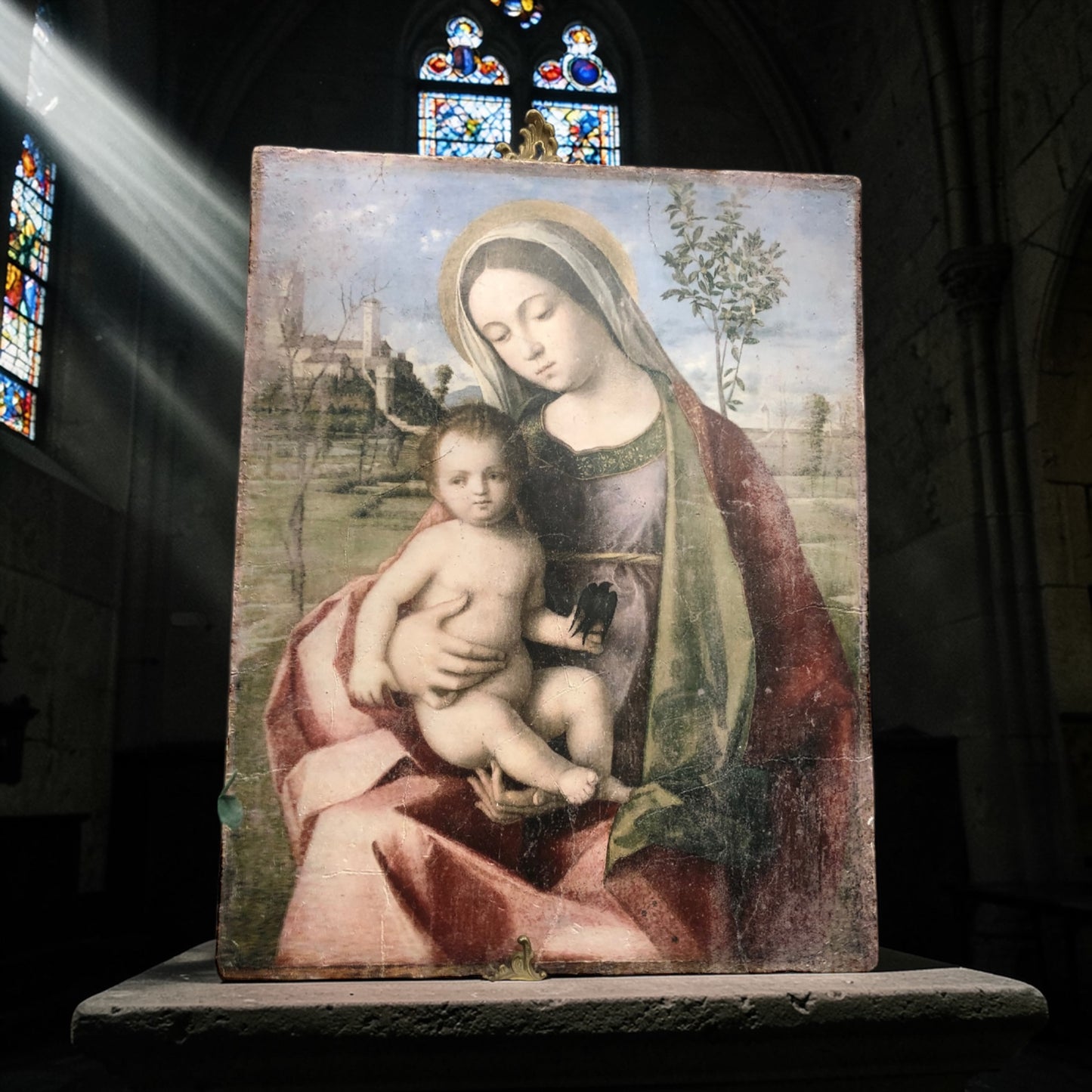 Antiqued Stone Effect Madonna with Child - Fresco Style Wall Art
