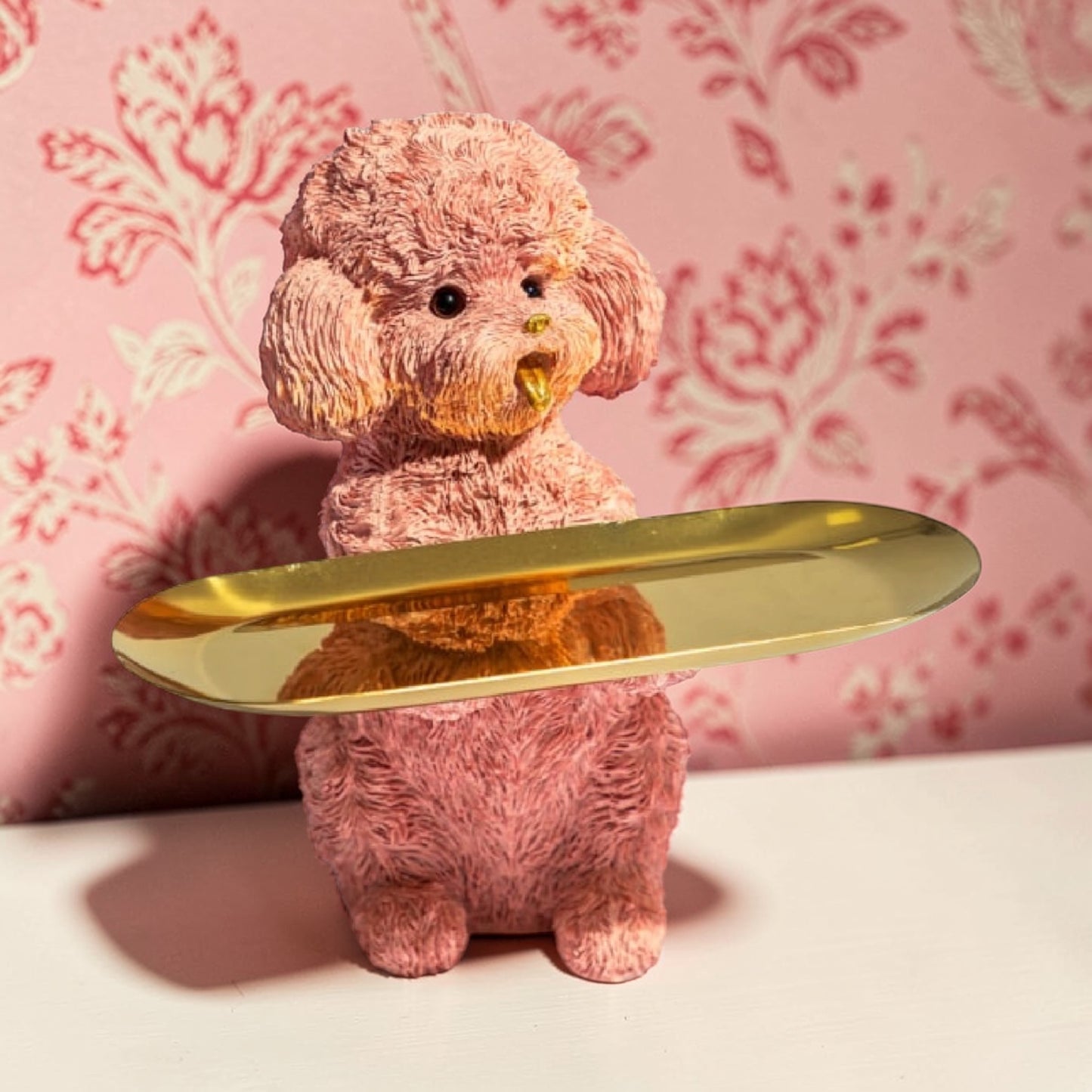 Pink Poodle Dog Holding Gold Tray – Glamorous & Quirky Home Decor Accent | Sign of the times Stoke