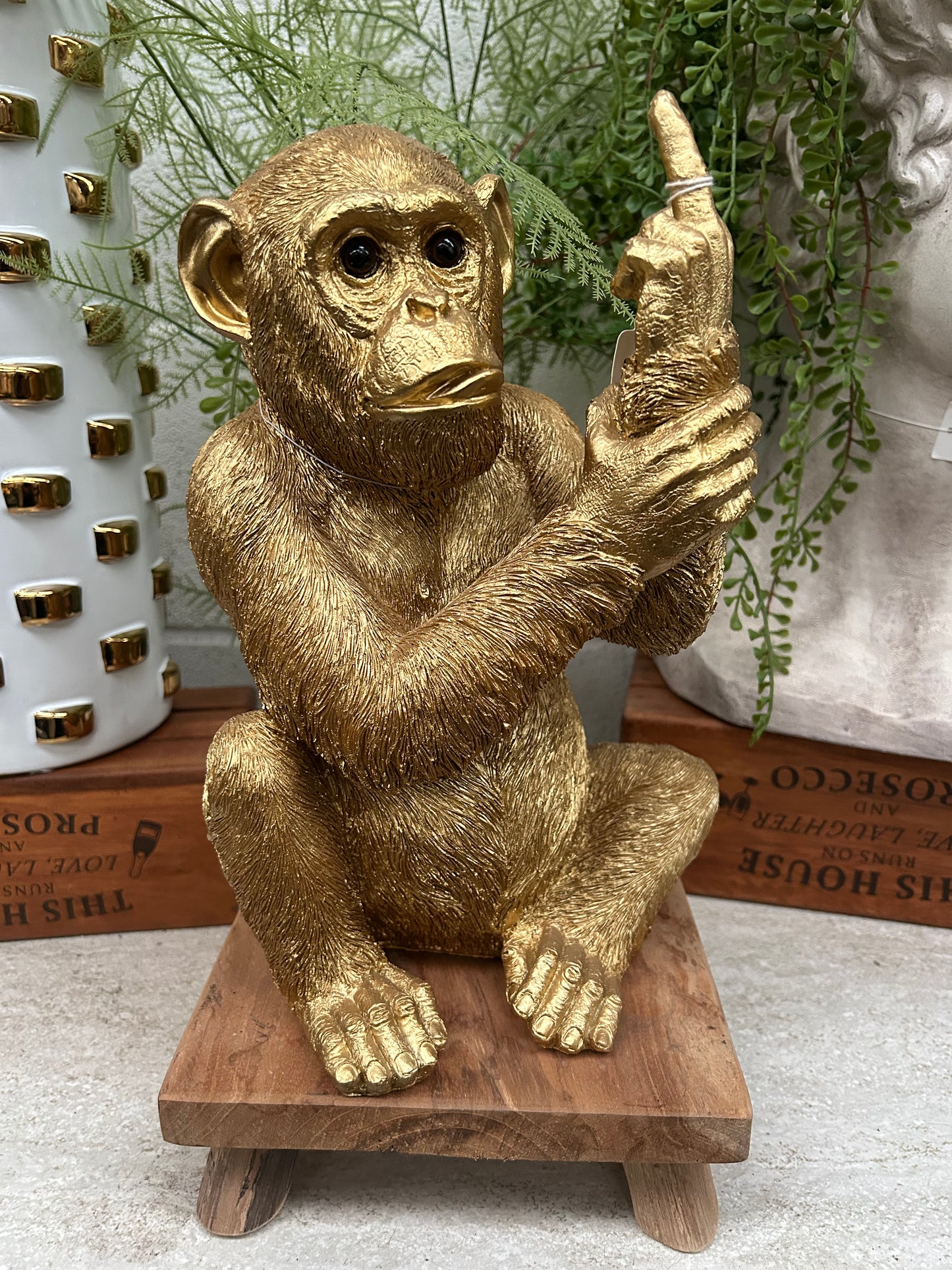 Up Yours Gold Monkey - Cheeky Resin Monkey Sculpture