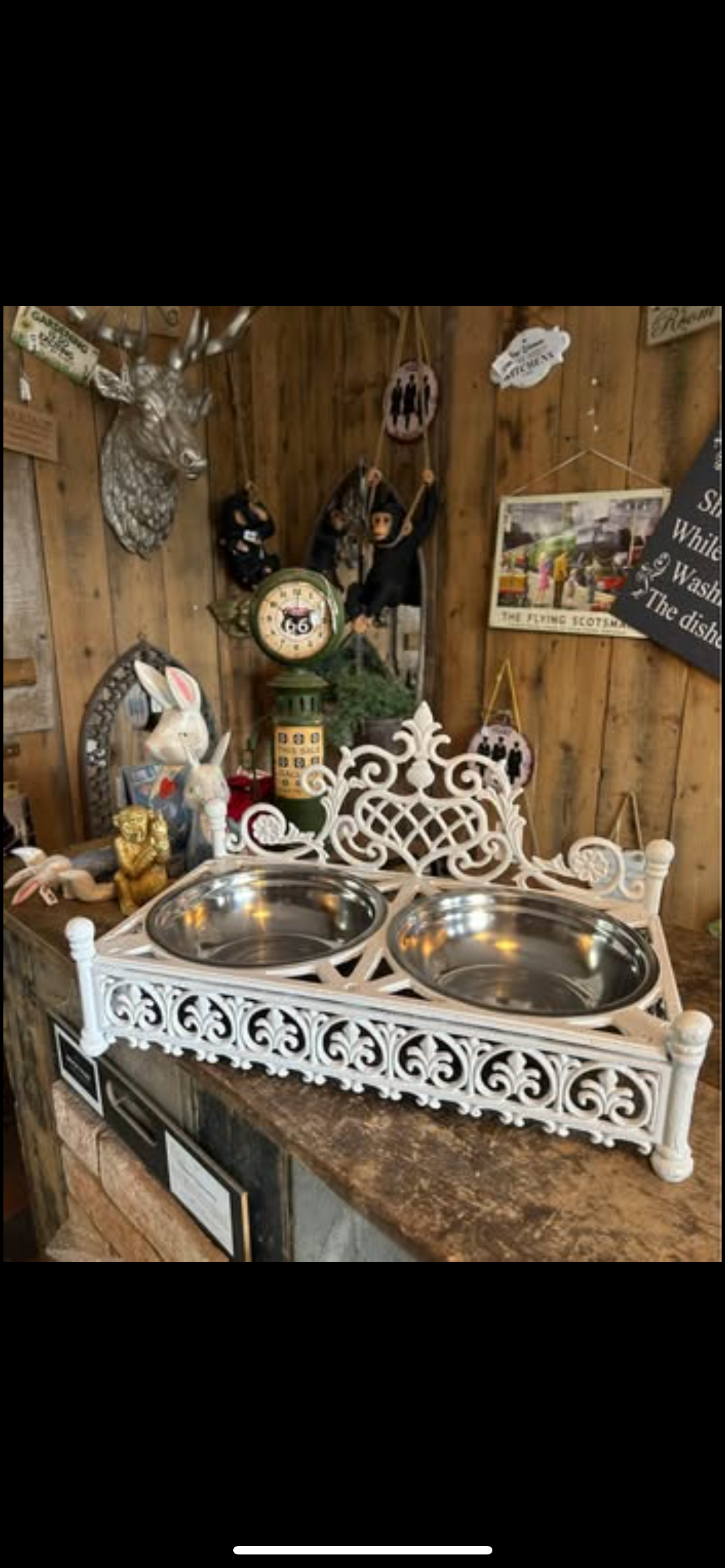 Vintage Style White Dog Bowls - Elegant Cast Iron Stand with Silver Metal Bowls