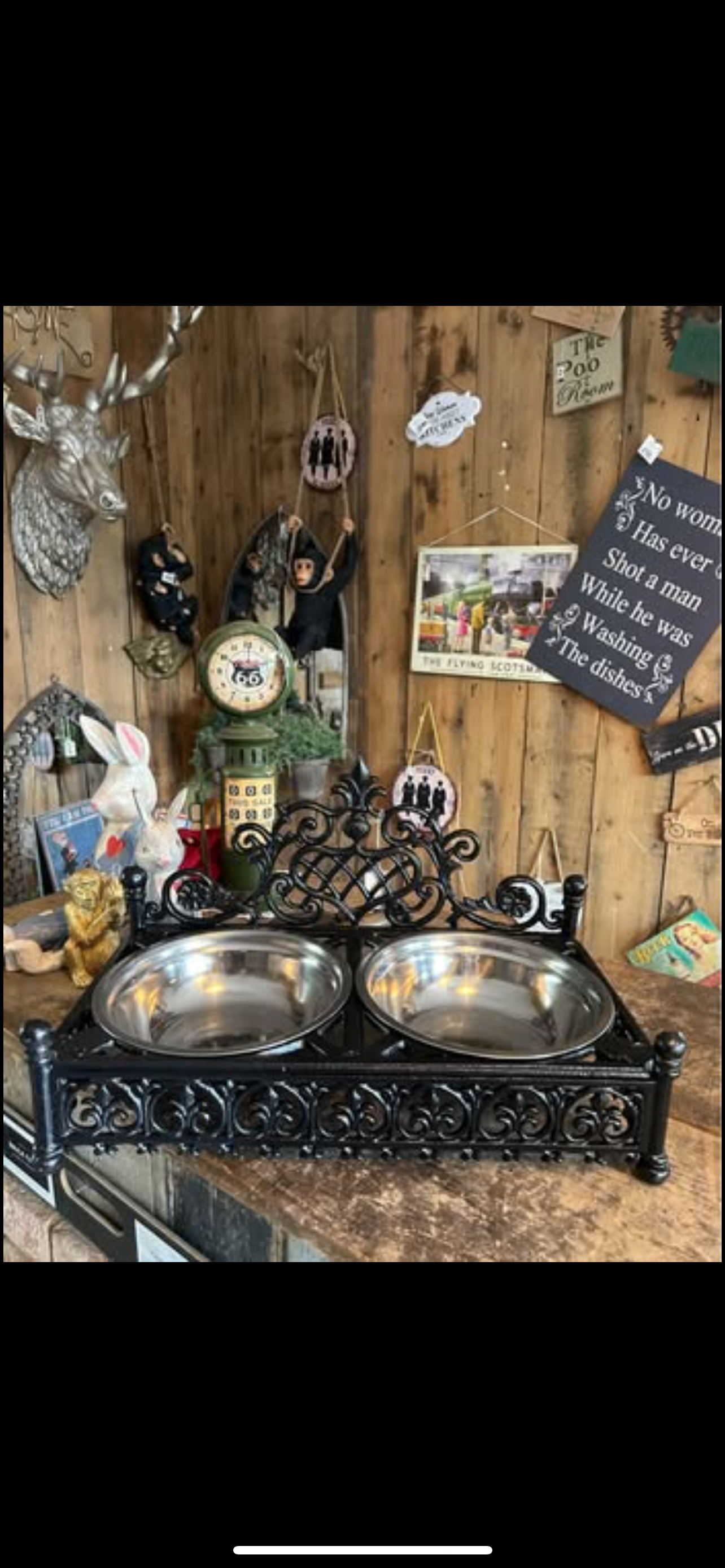 Vintage Style Black Dog Bowls with Cast Iron Stand