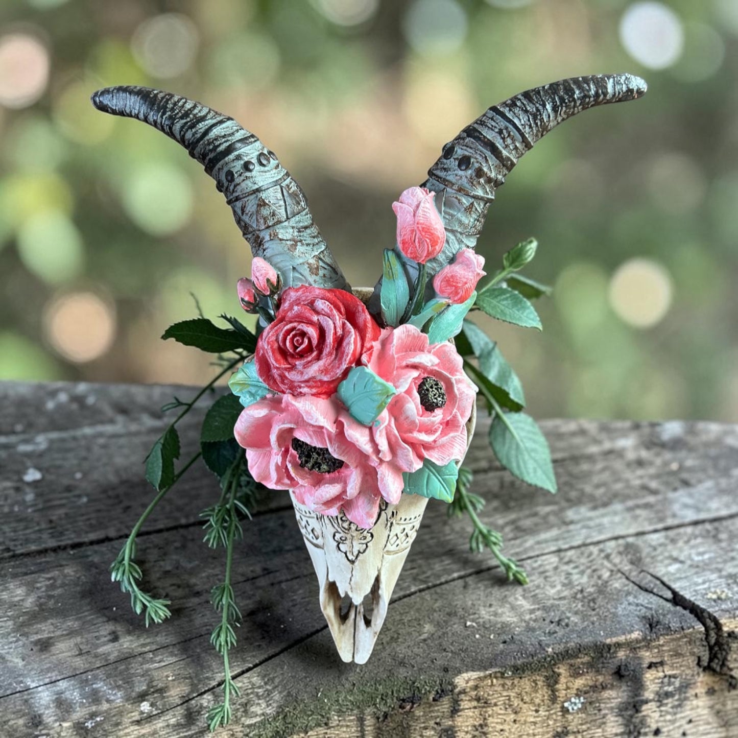 Goat Skull with Flowers – Decorative Wall Art Sculpture