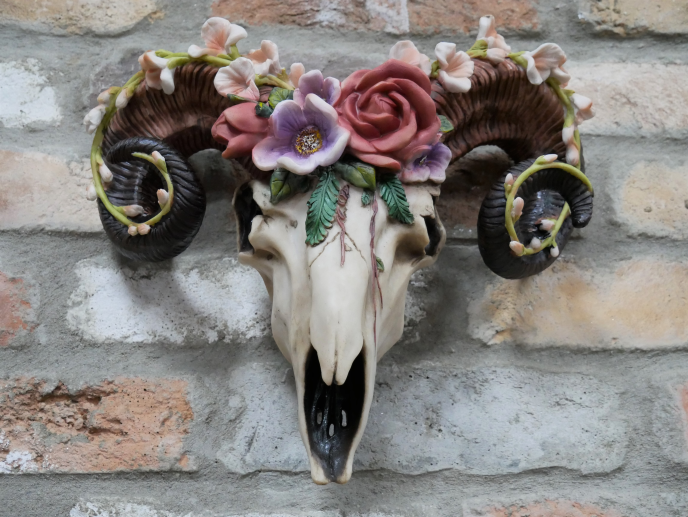 Floral Ram Skull Wall Head – Rustic Wall Décor with Intriguing Charm