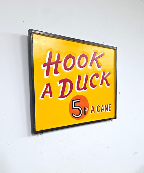 "Hook A Duck" Fairground Sign – Bright Yellow with Hand-Painted Red Text