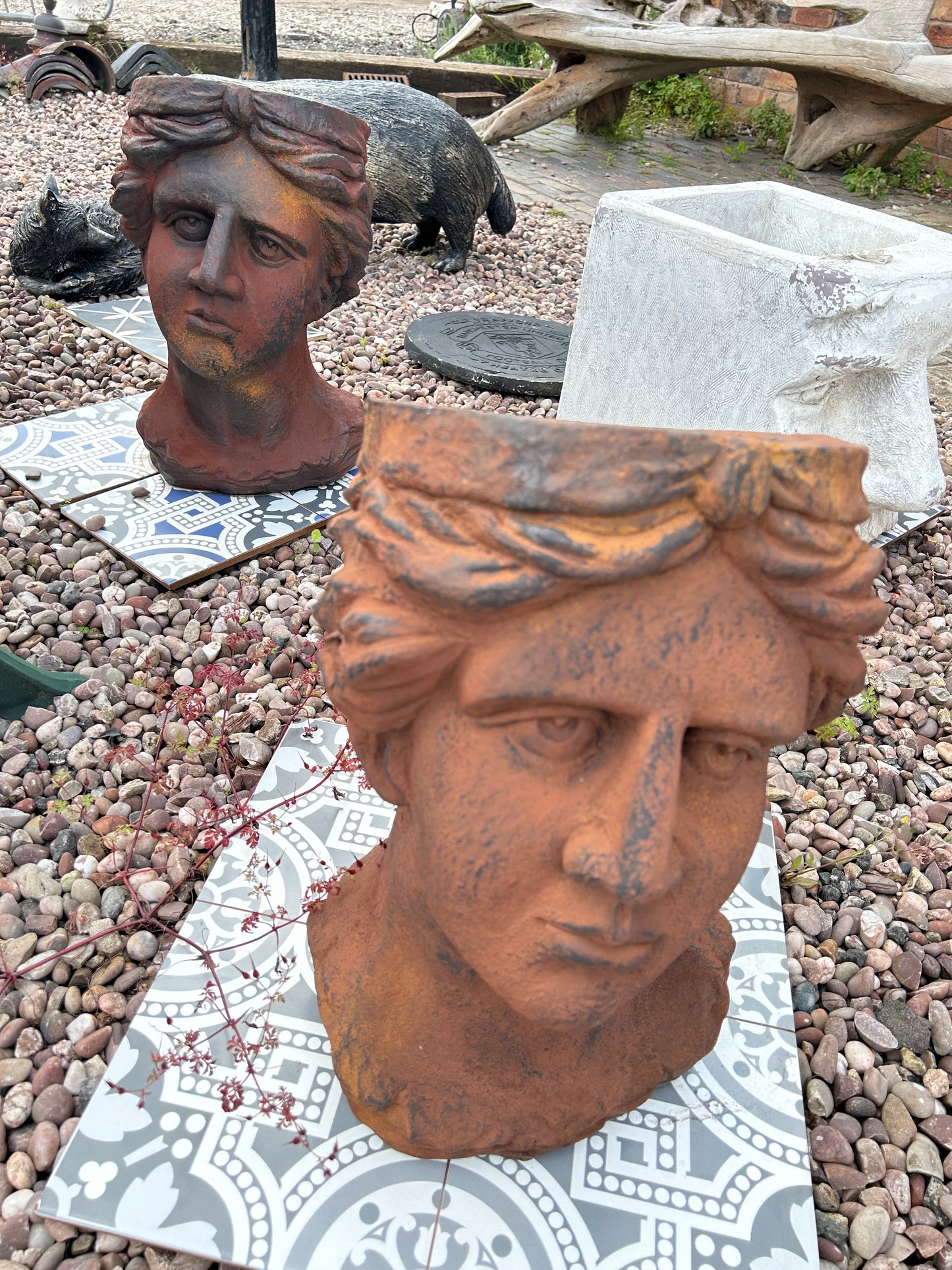 Set of 2 Antiquated Rusted Classical Head Planters - Rustic Resin Planter Sculptures | Sign of the times Stoke