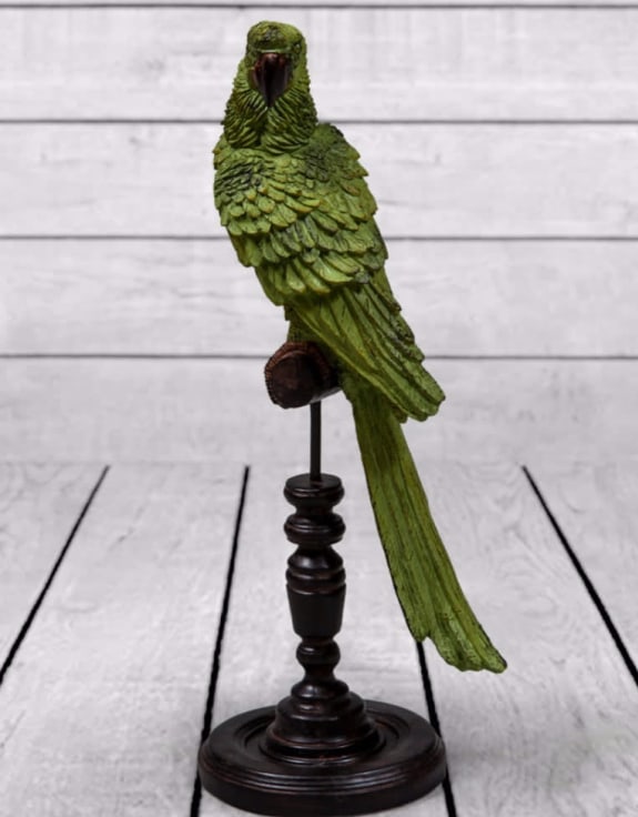 Green Parrot on Perch Figure – Exotic Tropical Bird Decor
