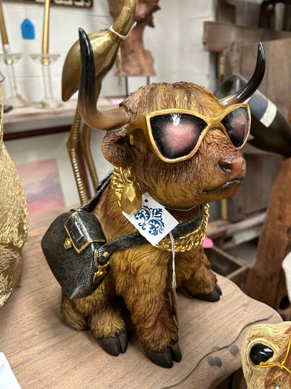 Glam “Fashionista” Highland Cow Ornament – Stylish Cow Figure