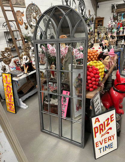 Grey metal outdoor mirror - Large antiqued arch design with opening doors