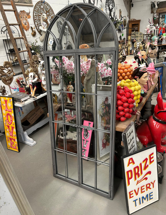 Grey metal outdoor mirror - Large antiqued arch design with opening doors | Sign of the times Stoke