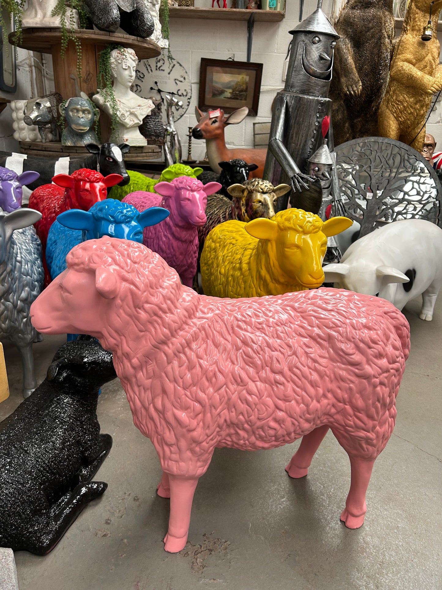 Salmon Pink Sheep Garden Sculpture – Vibrant Outdoor Decoration