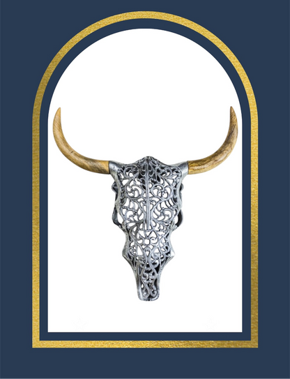 Silver Bison Skull Wall Mount - Antique Aluminium and Wood Tribal Decor