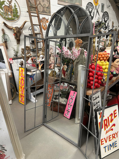 Grey metal outdoor mirror - Large antiqued arch design with opening doors