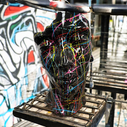 Black Splash Face Sculpture – Modern Artistic Head Statue