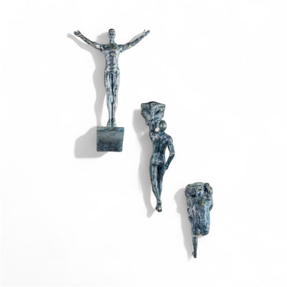Set of 3 Antique Grey Rock Climbing Men Figures | Bold Wall Sculpture Trio