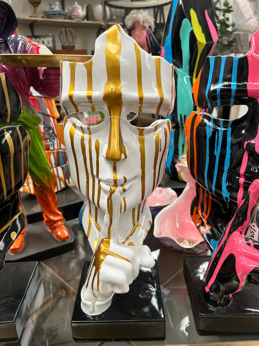 Stunning White and Gold Splashed Painted Face Sculpture – Contemporary Artistic Decor