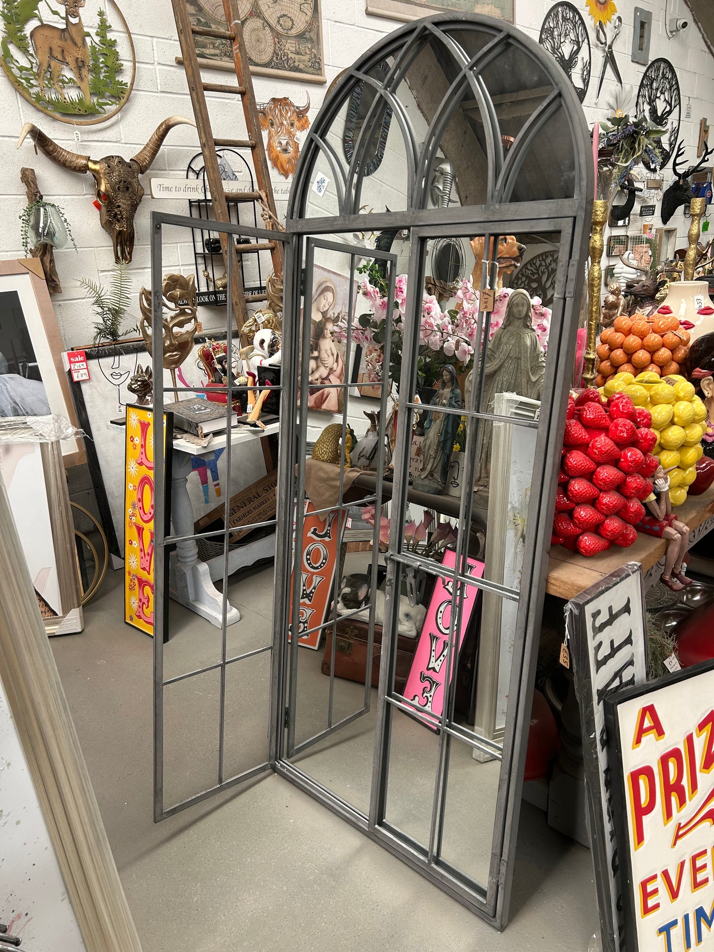 Grey metal outdoor mirror - Large antiqued arch design with opening doors