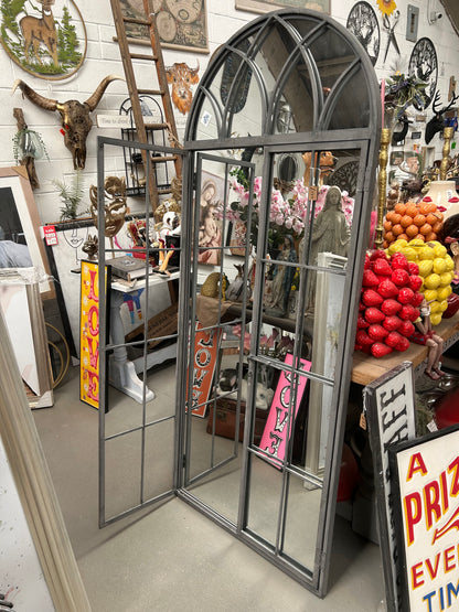 Grey metal outdoor mirror - Large antiqued arch design with opening doors
