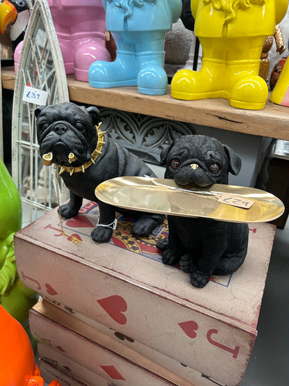 Black Pug Dog Holding Gold Tray - Charming Resin Figurine | Sign of the times Stoke